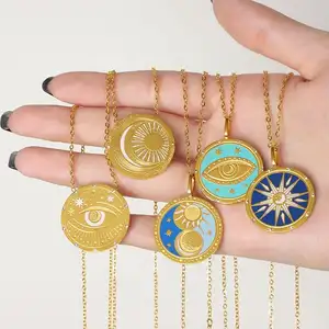 18 Karat Gold Edelstahl wasserdicht trüben frei Schmuck blau Emaille Star Moon Sun Anhänger türkische Teufel Halskette