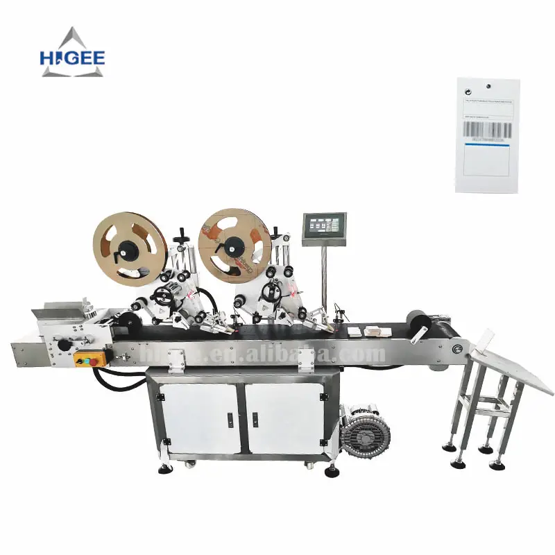 Higee Speed Clothes Hang Tag piggy Back Attaching Machine With 2 Labeling Heads Top Self-Adhesive Labeling Machine