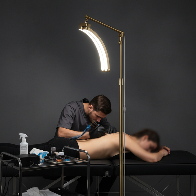 Shadowless Esthetician LED Light Half Moon Floor Lamp for Tattoo Tech CE RoHS OEM CRI>90 Adjustable Brightness Foldable Aluminum