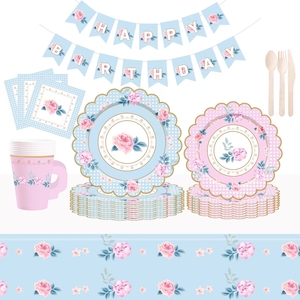 ชุดถ้วยน้ำชา จานรอง กระดาษเช็ดปาก ถ้วยชาและจานรองพร้อมหูจับ สำหรับงานเลี้ยงวันเกิดเจ้าหญิง ตกแต่งงานฉลองวันเกิดเด็ก ลายดอกไม้ - Product Image 2