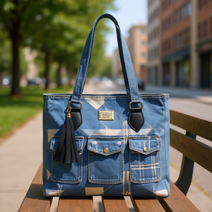 Bolso Tote de Mezclilla Casual para Mujer Fana Cora Negro Espectacular M3850 de Gran Capacidad con Patrón Geométrico de Cuadros y Estampado de Paja con Tres Solapas - Product Image 2