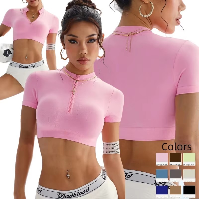 Women's Seamless Short Sleeve Solid Yoga Crop Top-Quarter-Zip Mock Neck Slim Fit High-Waisted Elastic Waist Activewear for Gym