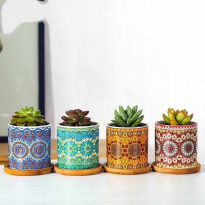 Ensemble de pots à plantes succulentes avec motif mandala personnalisé JM, plateau de drainage <span class=keywords><strong>en</strong></span> <span class=keywords><strong>bambou</strong></span>, décoration de jardin et de maison, pots <span class=keywords><strong>en</strong></span> céramique, pots à fleurs - Product Image 4