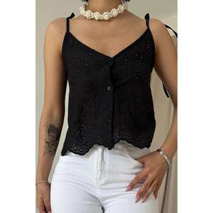 Blusa Negra con Cordones y Cuello Halter para Mujer, Estilo Bohemio, Transparente, para Uso Diario - Product Image 2