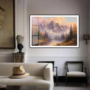 <span class=keywords><strong>Peinture</strong></span> de paysage de <span class=keywords><strong>montagne</strong></span> avec coucher de soleil doré sur <span class=keywords><strong>lac</strong></span> : Décoration rustique pour cabane - Product Image 4