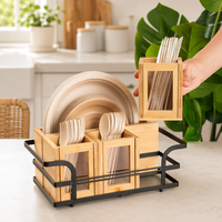 Organisateur d'ustensiles de cuisine en bois avec couvercle en acrylique, porte-serviettes en papier, plateau à couverts et distributeur d'assiettes en carton pour cuillères et fourchettes
