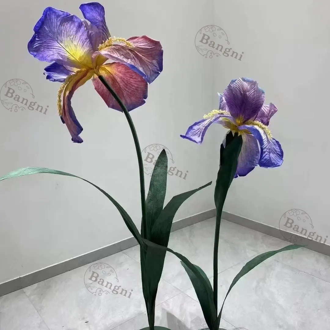 Iris de papel com haste e base para decoração de festas de casamento, flores grandes personalizadas