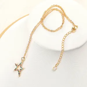 Charm Fashion 18K Gold Plated Necklace Simple Asymmetrical Color Zirconium 5 Pointed Star Pendant Necklace