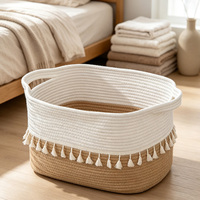 Panier de rangement pliable à 3 couches en corde de coton tressée avec pompons style bohème pour l'organisation des placards domestiques
