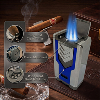 Briquet torche rechargeable en métal personnalisé JH avec poinçon, en alliage de zinc, à quatre jets de flamme, grand format, classique et élégant pour cigares