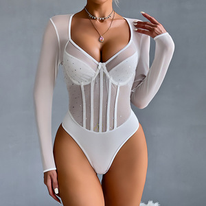 บอดี้สูทซีทรูตาข่ายแขนยาวประดับคริสตัลรูปกระดูกปลาสุดเซ็กซี่และเย้ายวน - Product Image 3