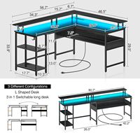 Bureau d'angle en L réversible en bois avec éclairage LED, prise de courant, port USB et support d'écran noir