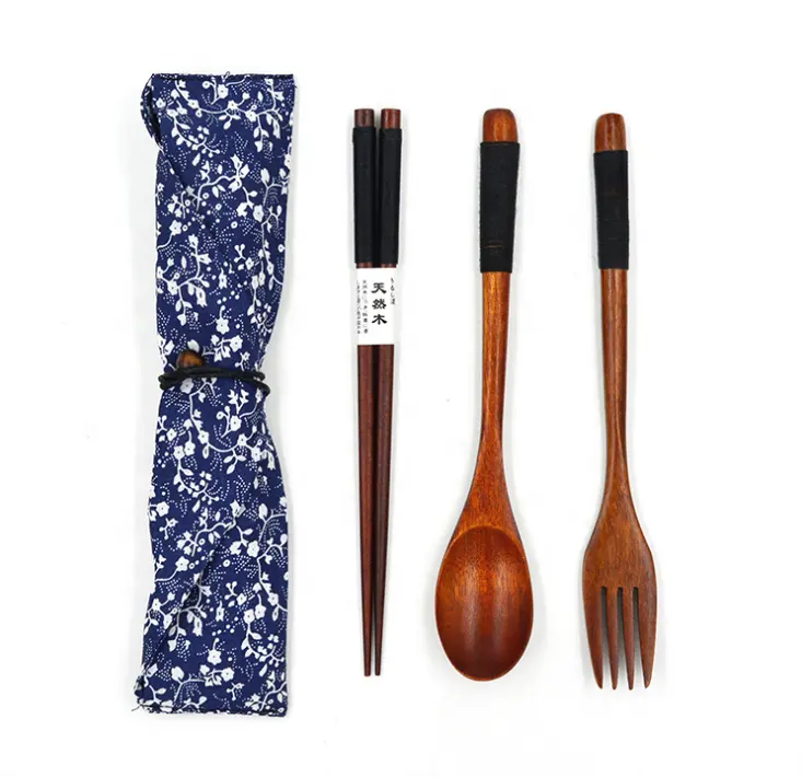 Guangzhou Utensils Japanese Wooden Spoon Fork Chopsticks Set Portable Wire Winding Wood Fork Chopsticks Spoon Set