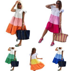 Vestido de Talla Grande para Mujer con Costuras Tricolor, Cuello Redondo, Mangas Volantes, Estilo Bohemio para Playa, Verano - Product Image 1