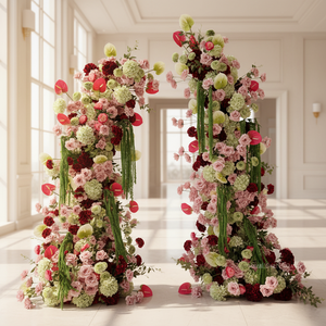 Arco de Flores de Seda Hecho a Mano en Tonos Rosa y Rojo, Decoración Floral para Bodas, Entrada de Ceremonia, Eventos - Product Image 1