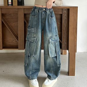 <span class=keywords><strong>Pantaloni</strong></span> cargo in denim con tasche grandi per ragazze, tinta unita, modello ampio e corto, per bambine più grandi, primavera/autunno - Product Image 4