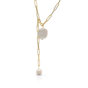 Chris April 925 Sterling silver 18K gold plated Fashion perfect baroque big pearl retro silver necklace