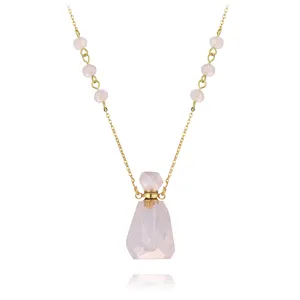 Fashion gold plating natural gemstone amethyst pink crystal quartz perfume bottle charms pendant necklace jewelry for women