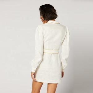 Mini robe en lin 100% pour femmes manches longues avec revers boutonné en épingle Ceinture <span class=keywords><strong>amovible</strong></span> en tissu avec boucle boutonnée robe - Product Image 4