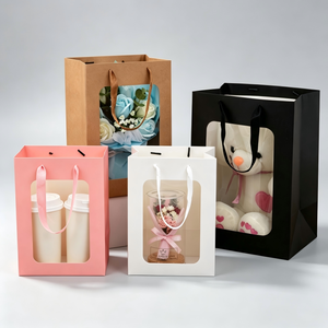 Tas Kado Kertas Putih Daur Ulang Multi-Ukuran dengan Pegangan Terpilin, Pita, Cetak Offset, Jendela Transparan, Portabel untuk Buket Bunga - Product Image 2