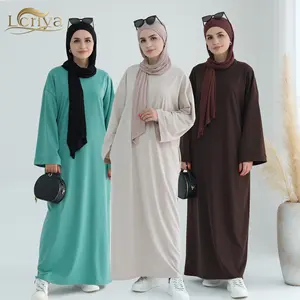 2024 Loriya热卖长袖中庸连衣裙，带侧口袋Abaya女性穆斯林连衣裙