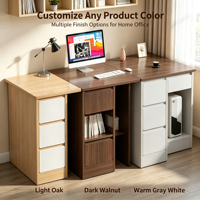 Bureau d'ordinateur en bois clair personnalisé avec tiroirs blancs sans poignées, étagère ouverte, support pour processeur, table d'écriture pour bureau à domicile