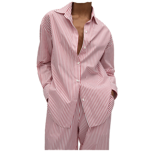 Ensemble chemise boutonnée à manches longues en coton Oxford rayé pour femme, coupe ample, décontracté, printemps-été, 2 pièces, haut et pantalon longs - Product Image 1