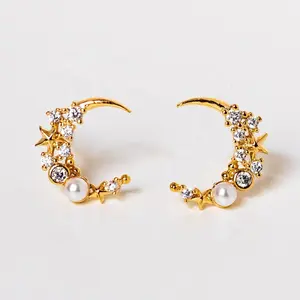 Gemnel 925 Sterling Silver 18k Gold Vermeil Moon Star Pearl CZ Studs Earrings Wholesale