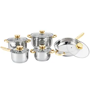 Hot selling 10pcs cooking pot Stainless steel kitchen accessories Golden handle and knob cookware