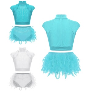 Girls Latin Dance Costume Two Piece Crop <b>Top</b> Cold Shoulder High Waist Shorts <b>Feather</b> Trim Rhinestone Stage Show Outfit Custom - Product Image 1