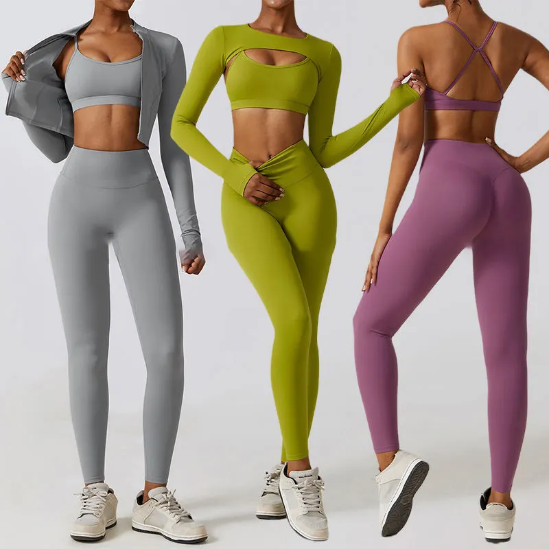 LORISO Active Wear 4 Pieces Sports Bra Top Yoga Jacket Workout Sets For Women Sportswear Gym Fitness Set