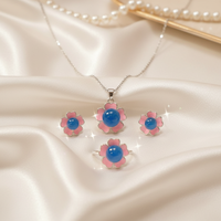 Ensemble de bijoux en argent pur 925 avec ambre bleu mexicain naturel, pierres précieuses véritables, bague florale rose, boucles d'oreilles et collier pour femmes