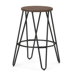 Taburete de bar contemporáneo Db Simeon de 24 pulgadas con asiento de madera color marrón cacao y estructura de hierro negro para uso en bares domésticos. - Product Image 1