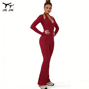JIEJIN Op maat gemaakt logo Snel drogend Ademend <span class=keywords><strong>Sexy</strong></span> Lange Mouwen Bodycon Jumpsuit Dames Jumpsuit Uitlopende Pijpen - Product Image 2