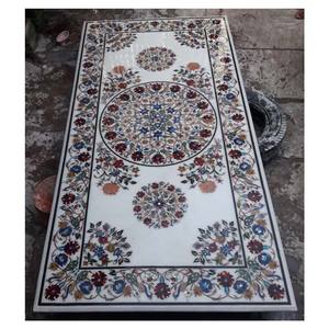 Blanc Marbre Incrusté À Manger Table Top - Product Image 1