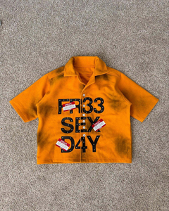 Men's <b>Yellow</b> Short Sleeve <b>Polo</b> <b>Shirt</b> With Black Letter Print Button Front Casual Cotton Poplin Fabric - Product Image 3