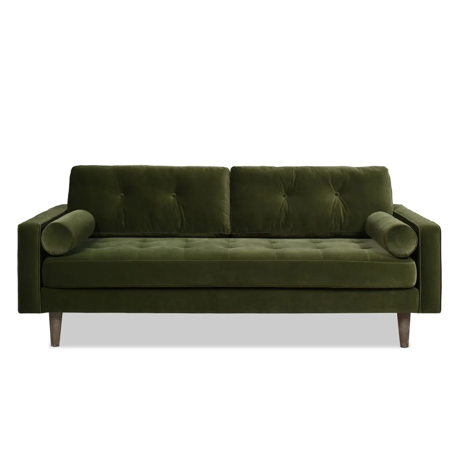 Sofá de sala de estar de diseño moderno con marco de madera minimalista tela de terciopelo verde asiento de felpa cuadrado sofá de sala de estar