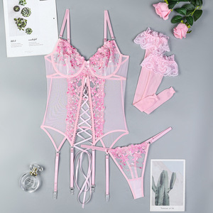 New Arrival Embroidery Flower Bodysuitwith Sotcking <b>Sexy</b> High Quality Elegant 3 Piece Lingerie <b>Set</b> - Product Image 5