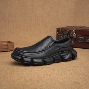 Men's Loafers Solid Round Toe Genuine Leather Slip-On Rubber Outsole <b>Height</b> Increasing All Seasons - Product Image 2