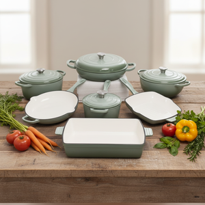 Ensemble de 11 pièces de batterie de cuisine classique <span class=keywords><strong>en</strong></span> <span class=keywords><strong>fonte</strong></span> émaillée rouge, durable, écologique et sain, comprenant poêle à frire, casseroles et faitouts de cuisine - Product Image 5