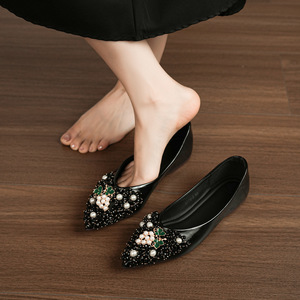 Ballerine Mary Jane da donna a punta, slip-on, con strass, suola in gomma, fondo morbido, stile delicato e raffinato - Product Image 3