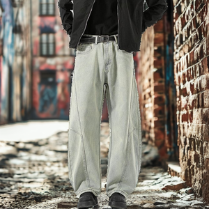 Jean décontracté pour homme, coupe droite, style vintage américain, en denim délavé et patchwork, avec tombé ample et décontracté, jambe large, automne-hiver - Product Image 2