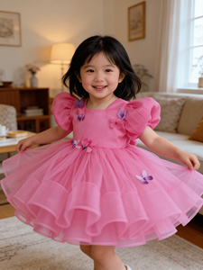 Abito da festa per <span class=keywords><strong>bambina</strong></span> con maniche a sbuffo, applicazioni 3D a <span class=keywords><strong>farfalla</strong></span>, balze in tulle, abito da damigella d'onore - Product Image 4