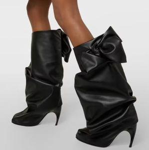 Bottines à talons aiguilles personnalisées Bliberry surdimensionnées avec nœud, design 2026, bottes sexy pour filles, bottes en cuir à tige large pour femmes, hauteur genou - Product Image 1