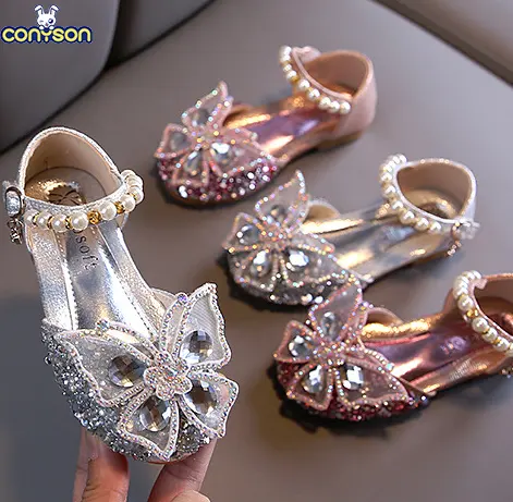 Conyson Girls Sequin Lace Bow Kids Shoes Girls Cute Pearl Princess Dance Single Casual Shoe Children's Party Wedding Shoes