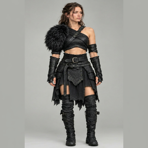 Ensemble d'armure en cuir noir avec col en fourrure et ceinture pour l'hiver - Product Image 1