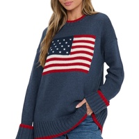 Pull-over décontracté en maille côtelée à manches longues et col rond, surdimensionné, en jacquard 100 % coton avec drapeau américain, personnalisé pour femme, vente en gros