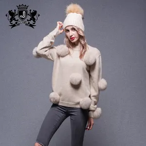 Direct selling pullover woll pullover für frauen beiläufige gestrickte pullover mit fuchs pelz ball