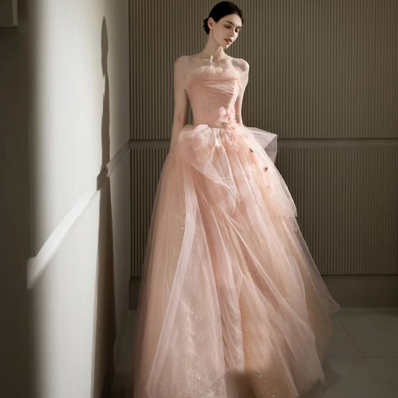 Pink Strapless Mermaid Dress - Beaded Floor-Length Wedding Gown