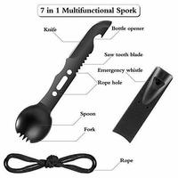 Nouvel ensemble de couverts de camping 7 en 1, couteau, sifflet, scie, ouvre-bouteille, lame, corde, cuillère, multi-outils de survie en plein air